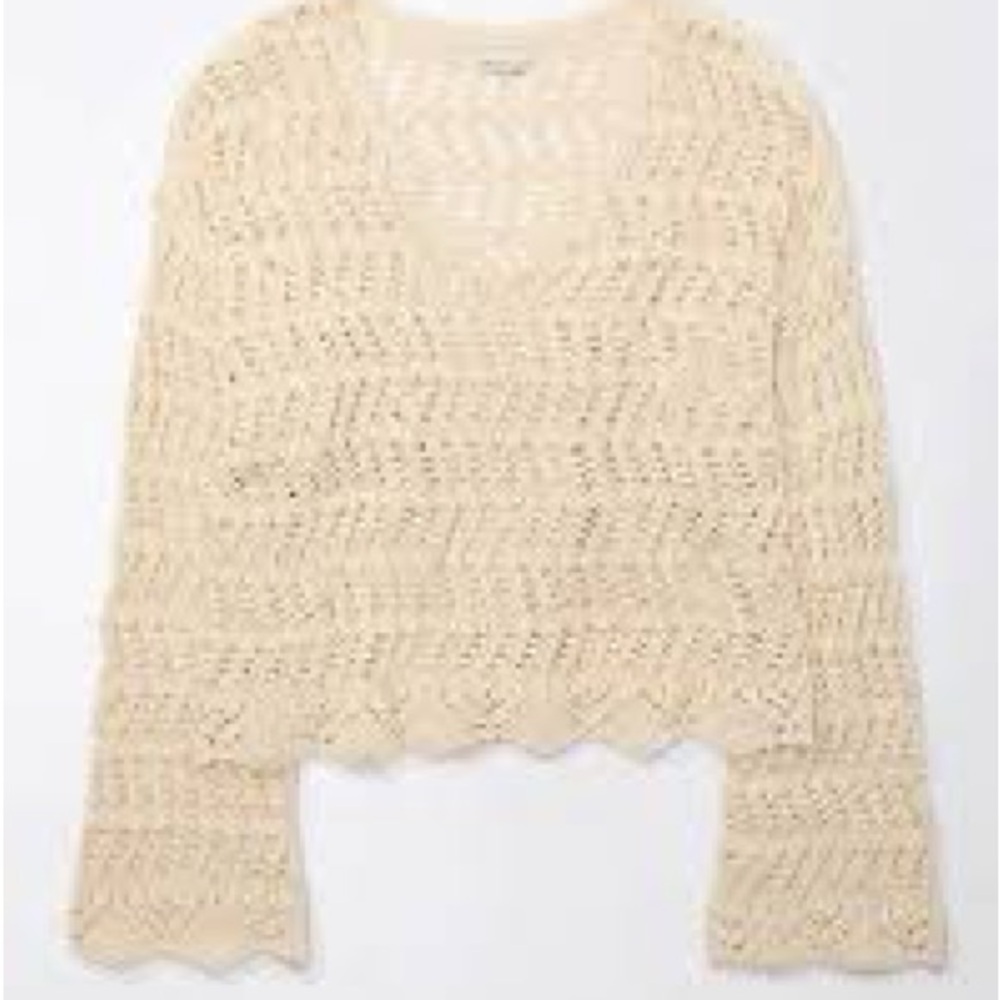 American Eagle Outfitters Cream V-Neck Open knit Crotchet Sweater size XS